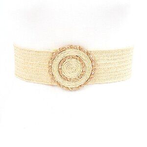 BNWT Raffia Gold Trim Buckle Faux Straw Elastic Fashion Belt - Ivory